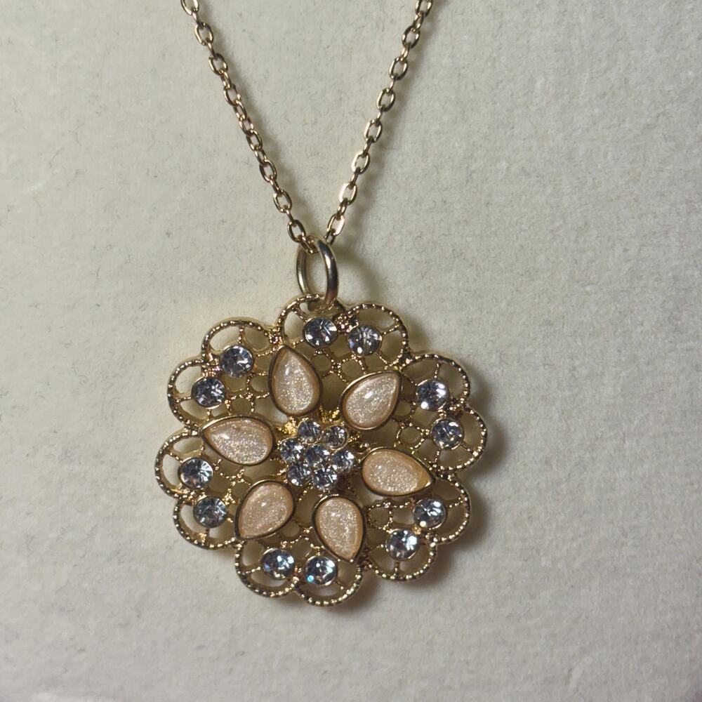 Vintage Style Floral Rhinestone Pendant Necklace, Cream Enamel, 18 Inch